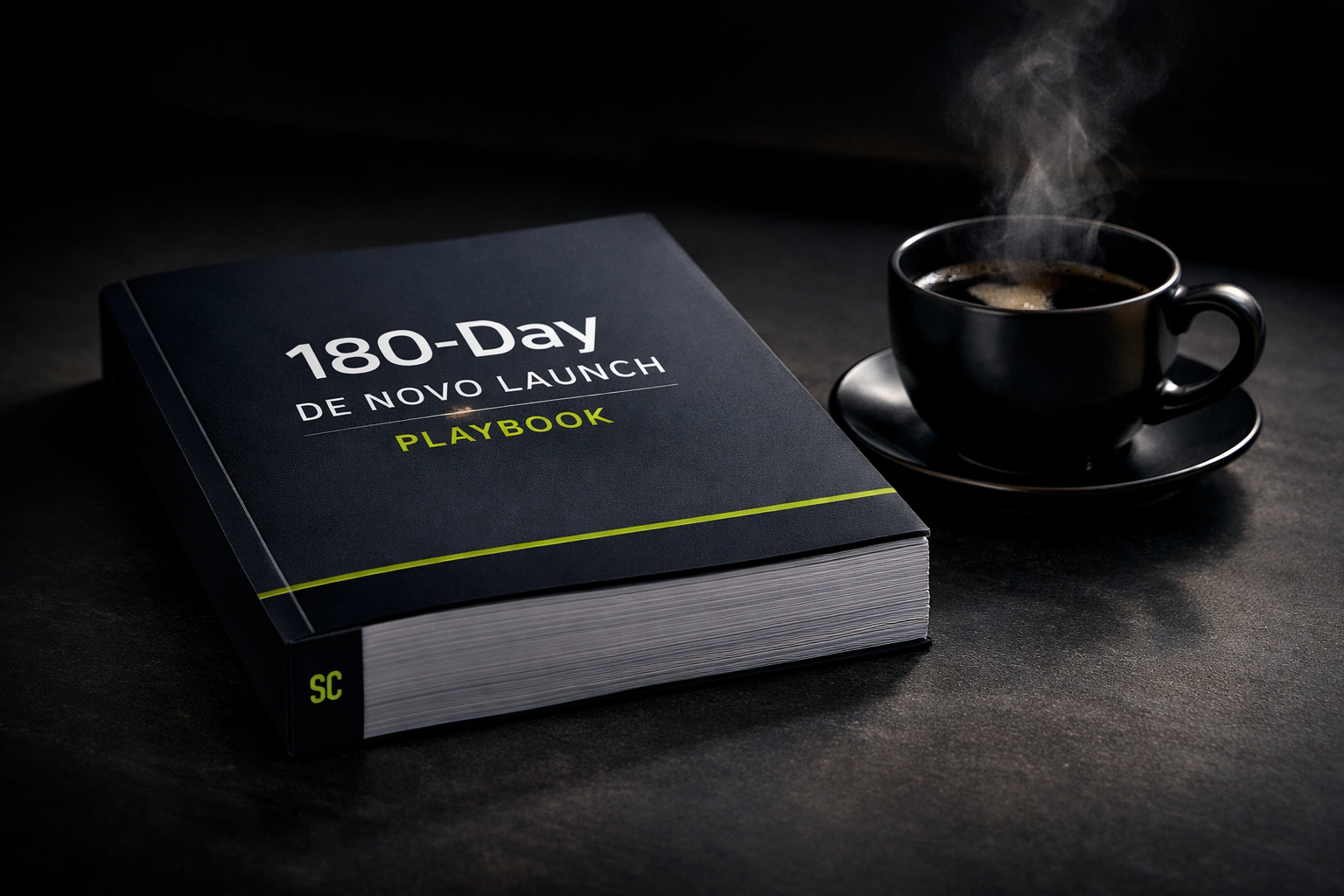 The 180-Day De Novo Launch Playbook rendered as a premium 3D artifact