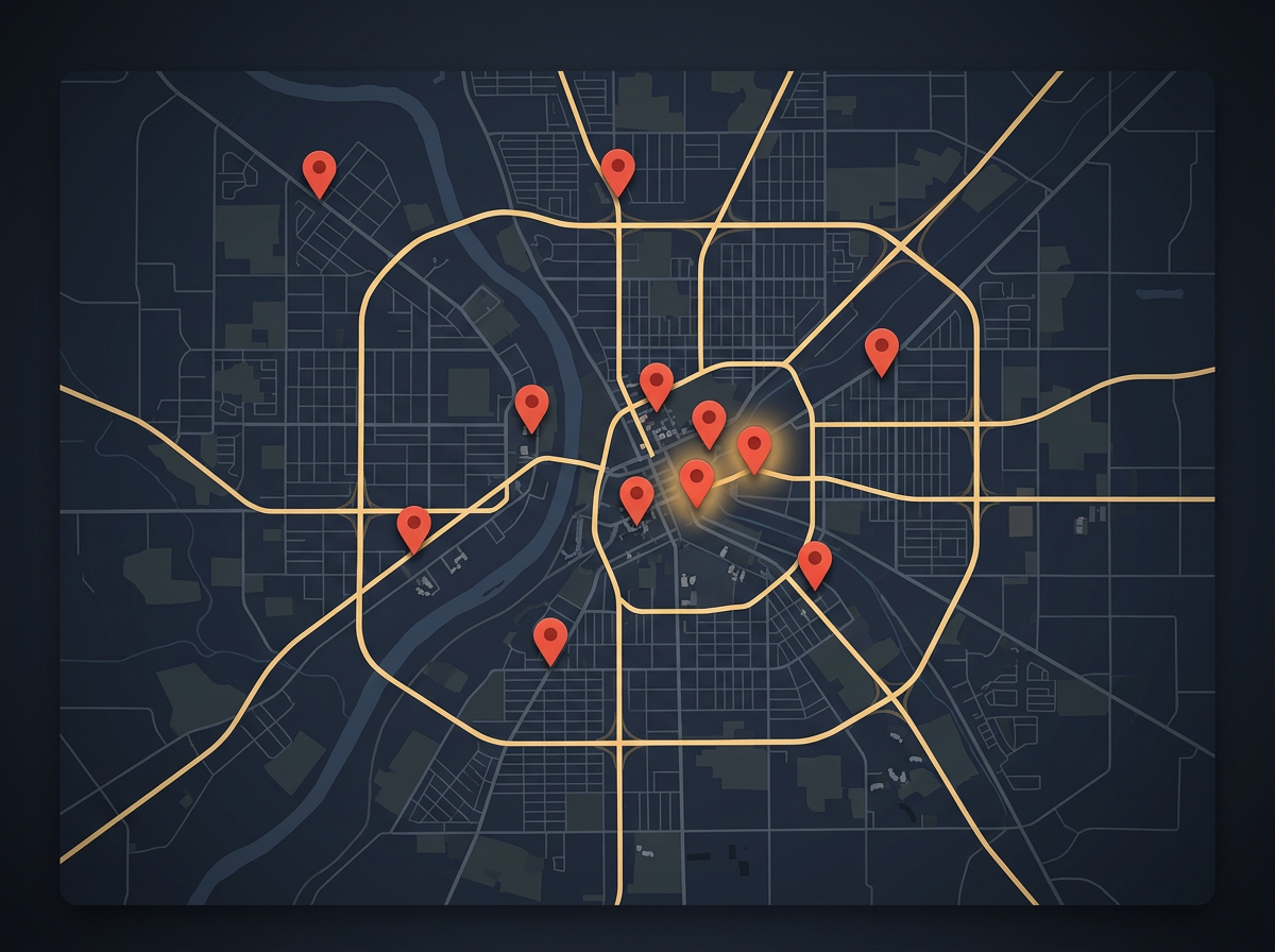 Local SEO and GEO geographic pin map of 150+ healthcare locations