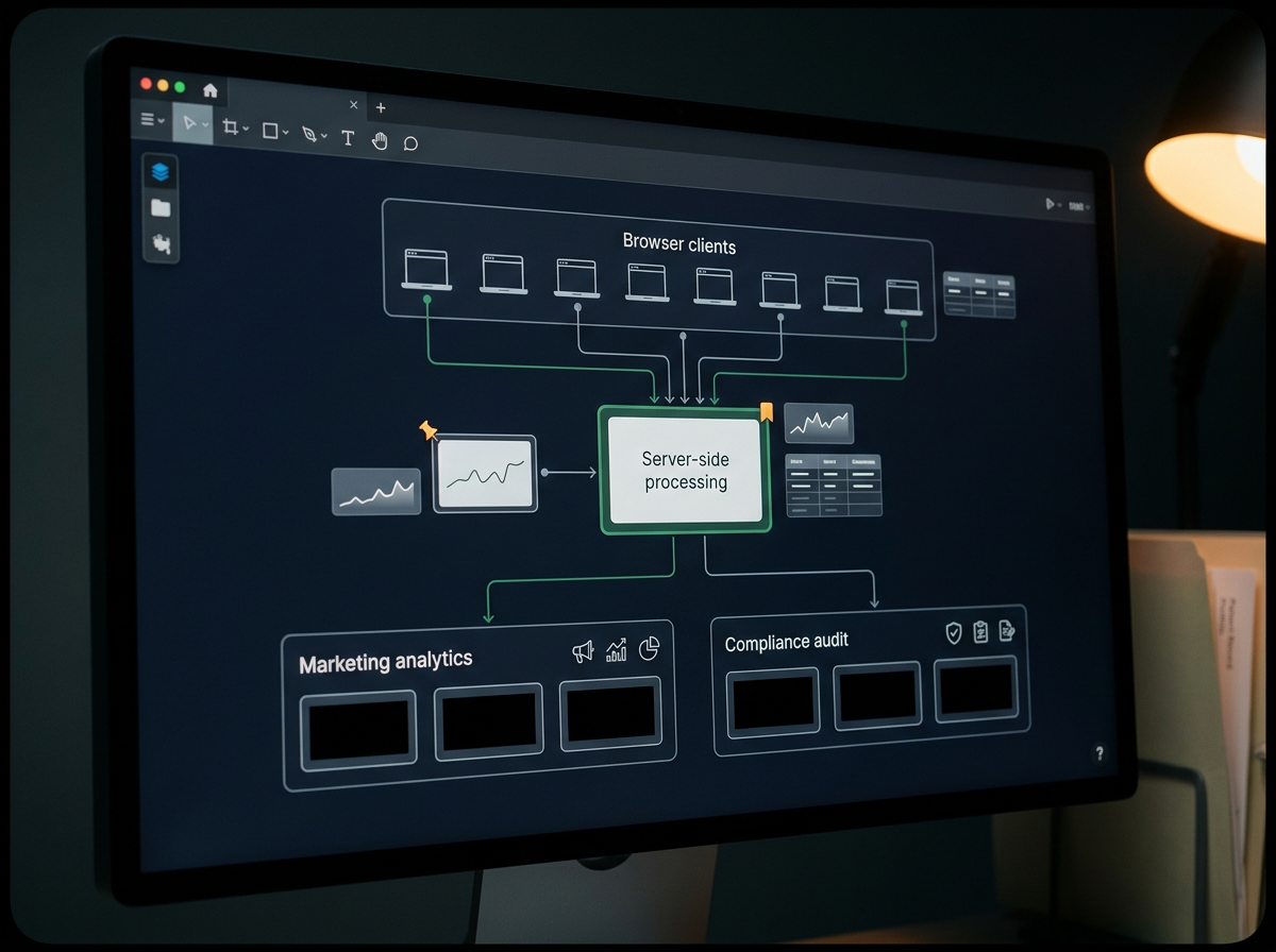 HIPAA data flow diagram — server-side tracking and PHI-compliant analytics infrastructure