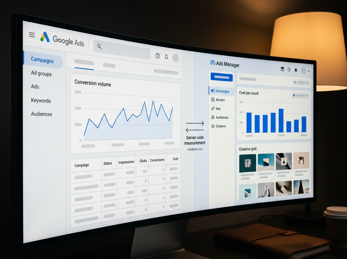 Closed-loop paid media performance dashboard — Google Ads and Meta optimized for clinical capacity and EBITDA