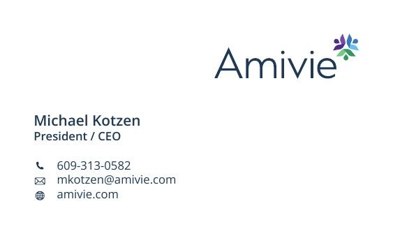 Amivie business card design — front face with logo and contact layout