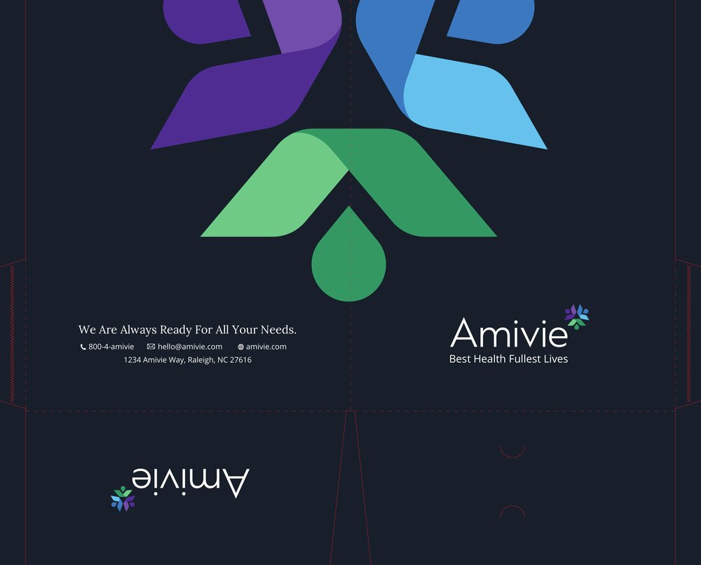 Amivie branded pocket folder — healthcare marketing collateral design