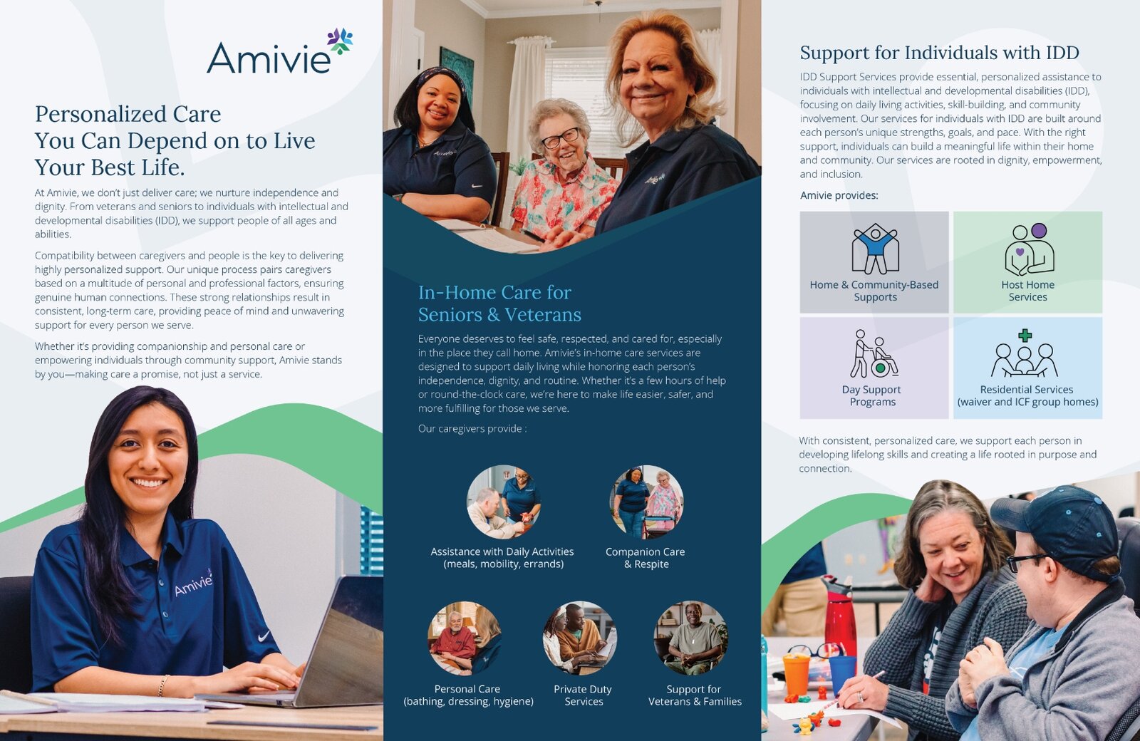 Amivie trifold brochure interior — homecare and IDD program overview collateral